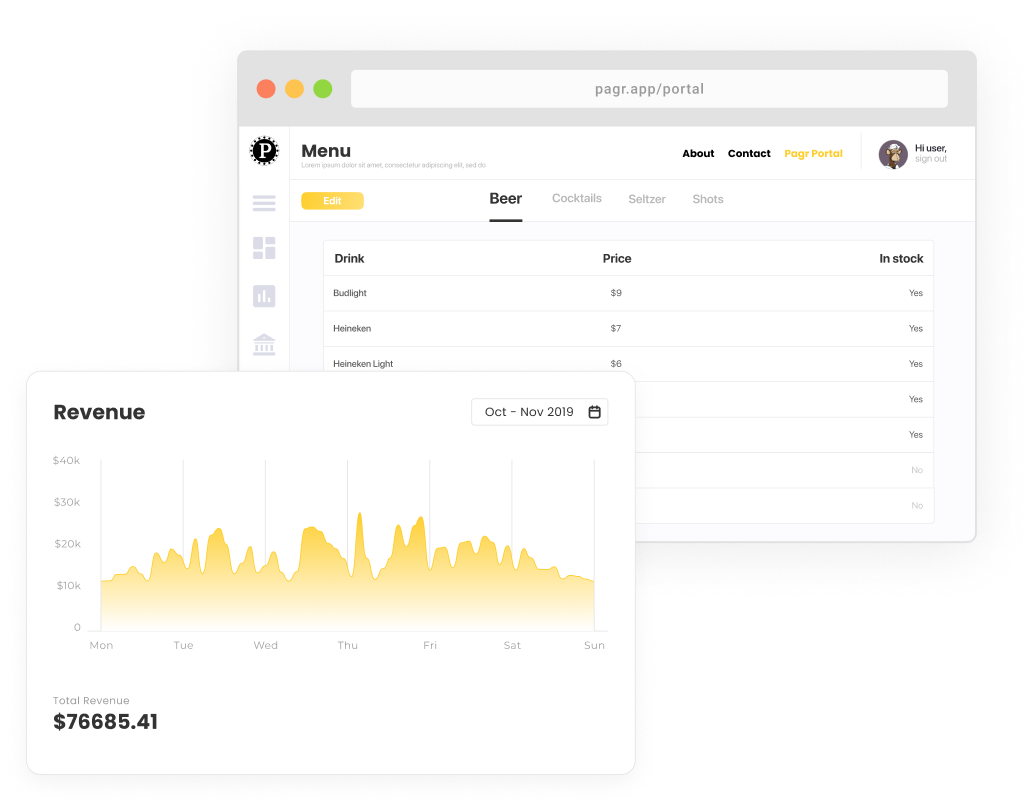 Pagr portal — menu management and revenue analytics