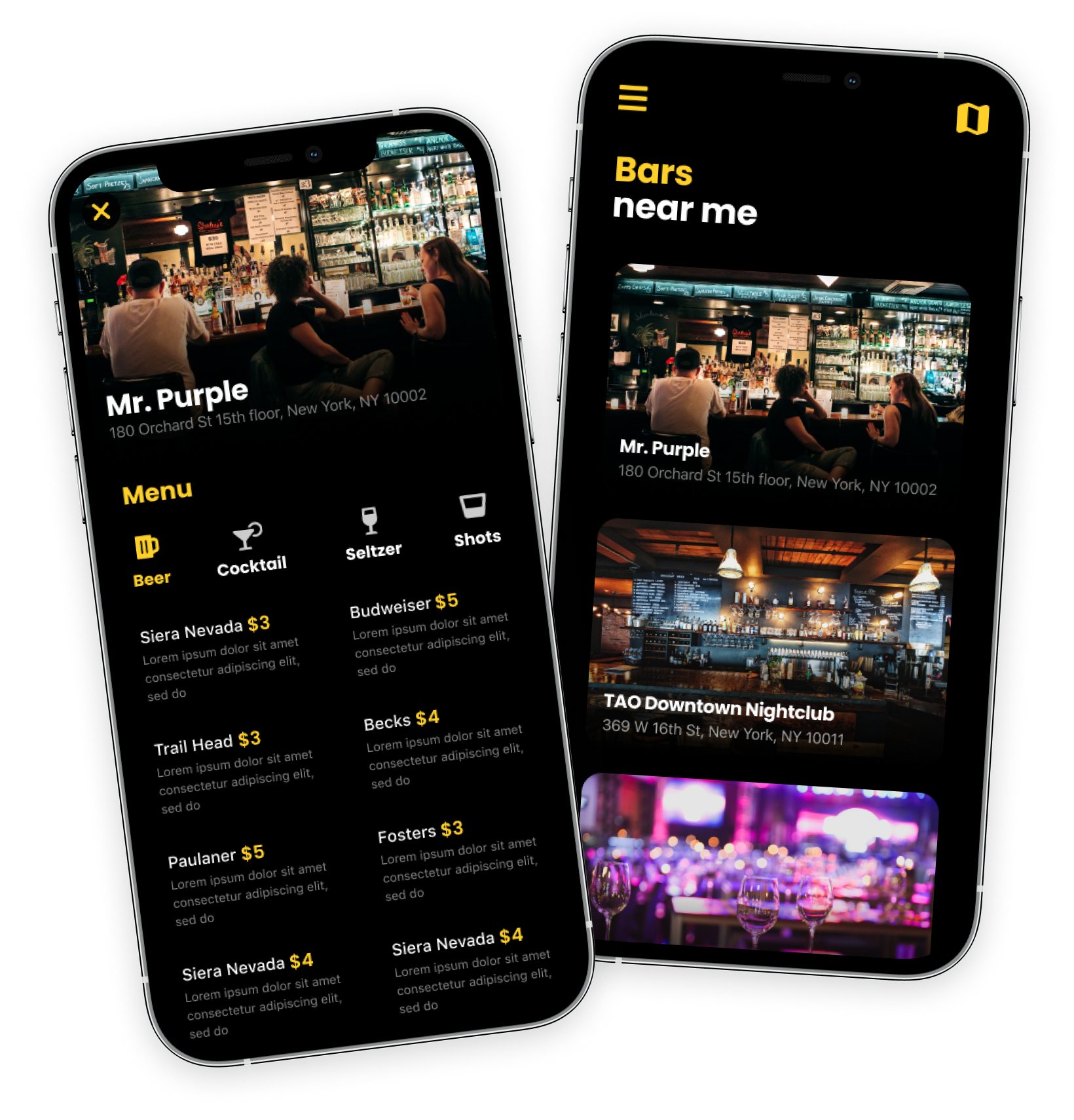 Pagr app showing bar menu and nearby bars